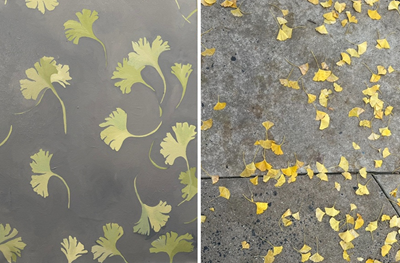 On the left, a painting with a gray background and green leaves. On the right, a photo of the green leaves on the pavement that inspired the painting.